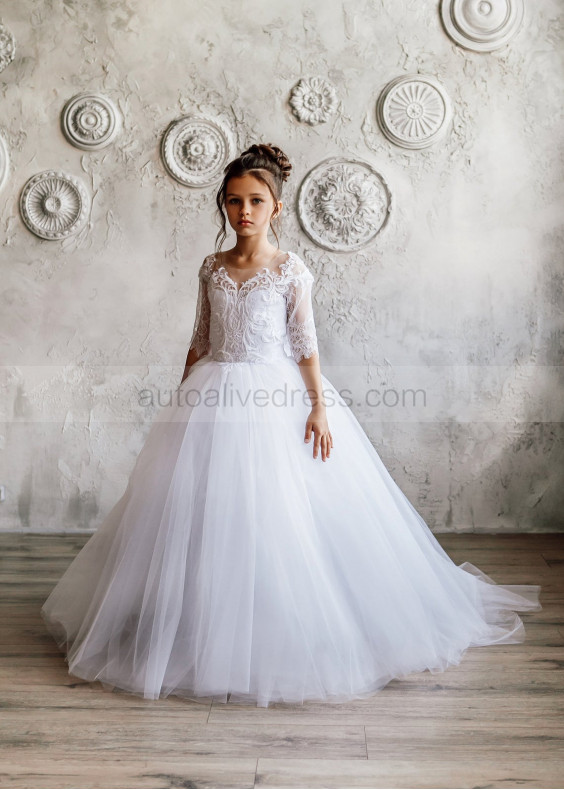 Elbow Sleeve White Lace Tulle Flower Girl Dress Elbow Sleeve White Lace Tulle Flower Girl Dress